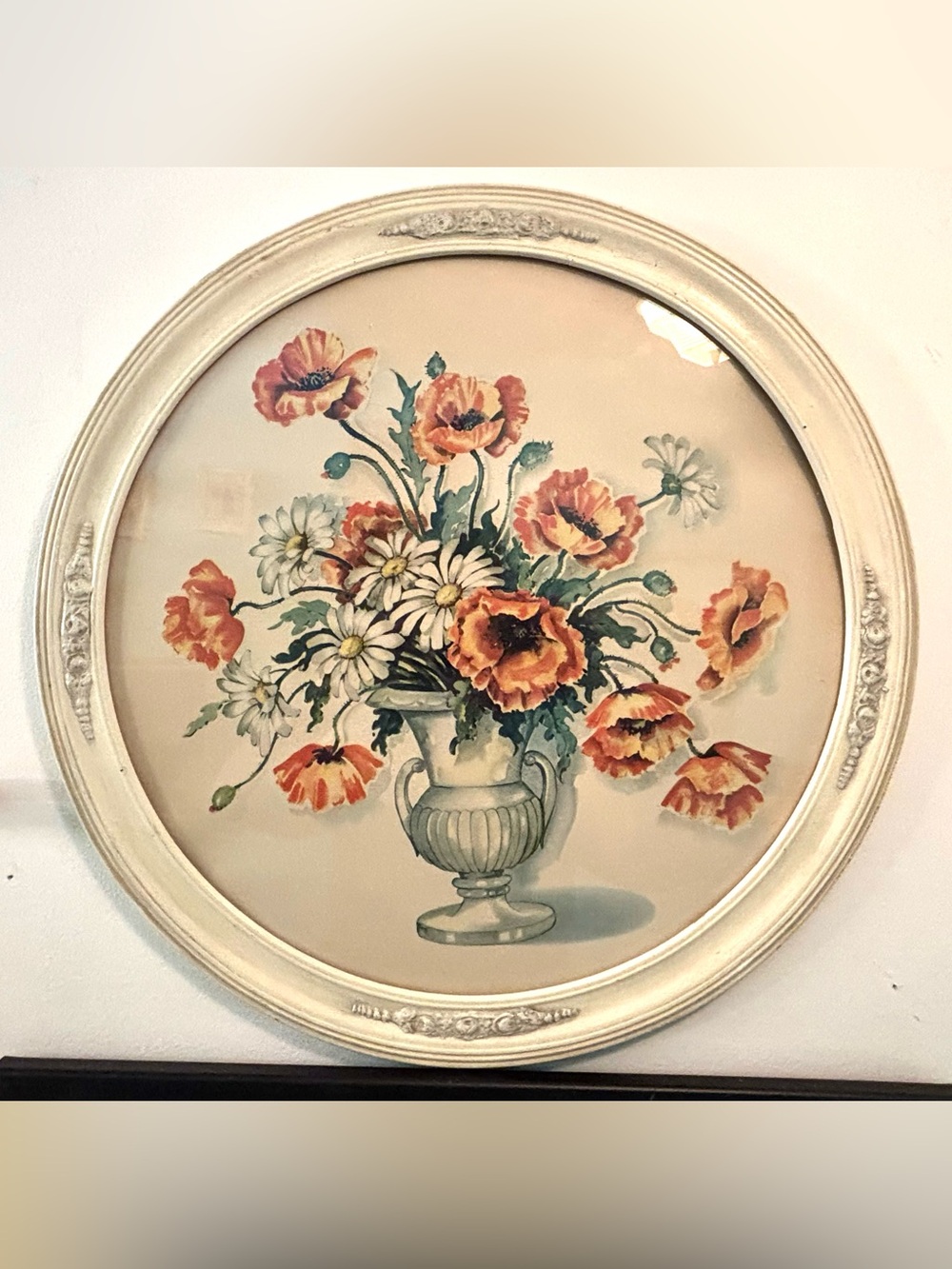 Vintage round Floral Bouquet Wall Art framed Print in Cream and Orange antique